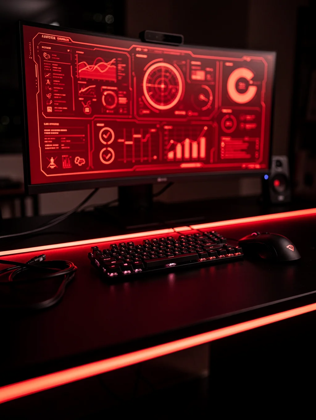 Modern desk setup with glowing ambient lighting and sleek tech accessories