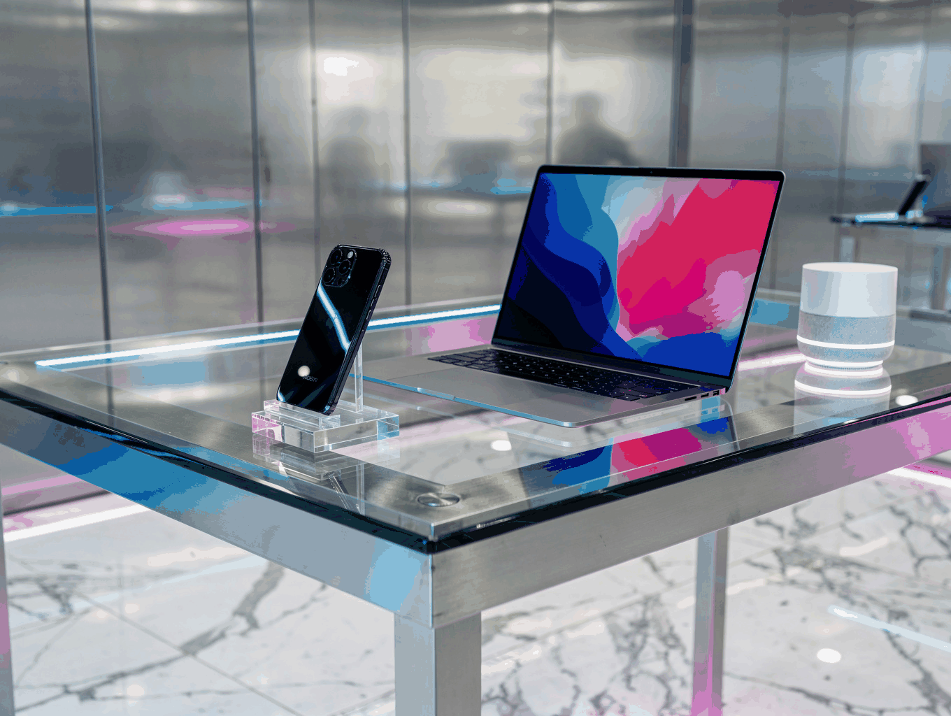 Curated selection of digital artifacts and modern objects on display