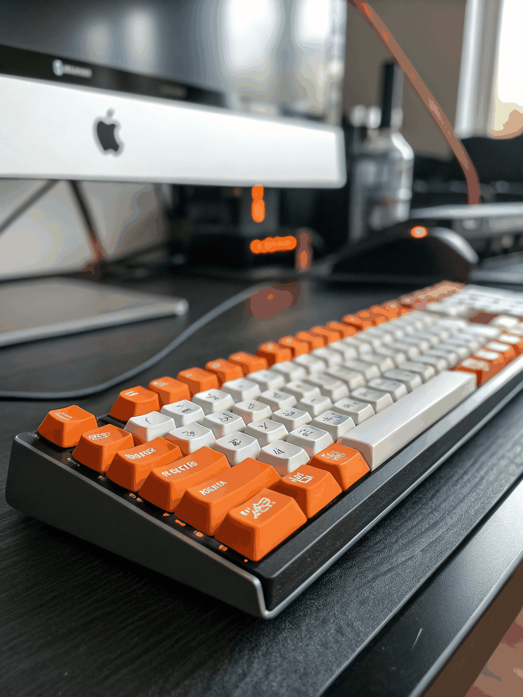 Close-up of custom mechanical keyboard with hyper-lime keycaps and dark frame